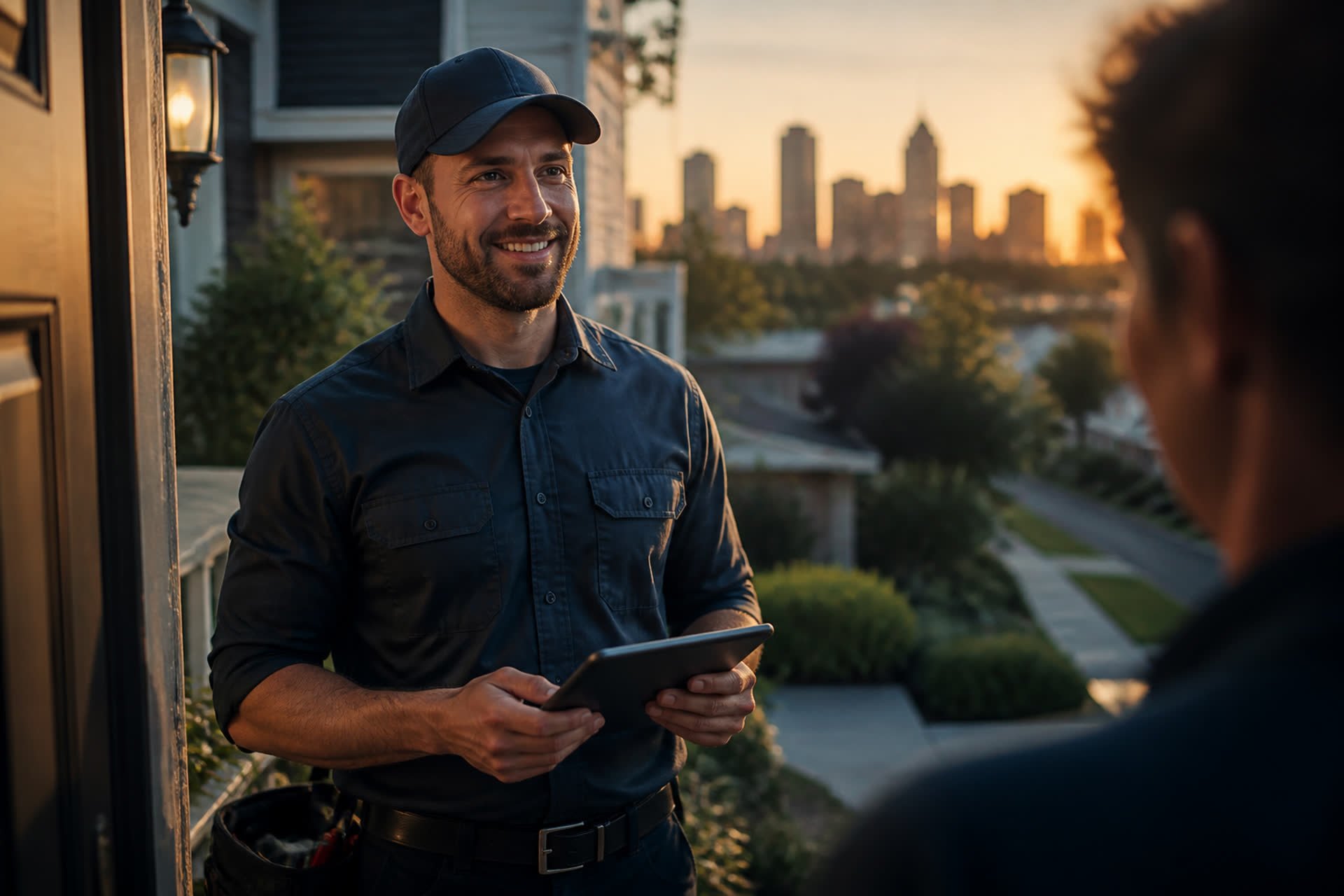 Home service technician using a tablet at a customer doorway